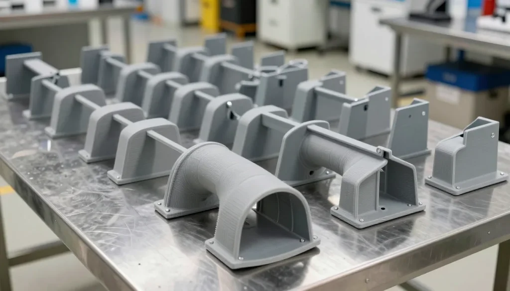 Rows of grey 3D printed polymer air ducts and brackets on a stainless steel workbench