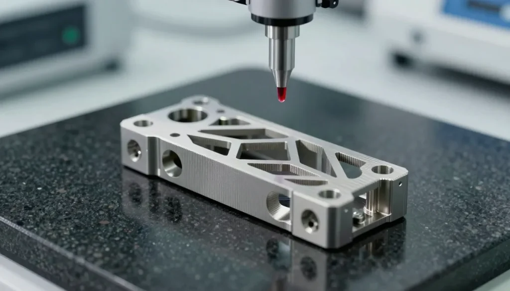 Metal aerospace-style bracket with lattice cut-outs on a granite inspection table under a measuring probe
