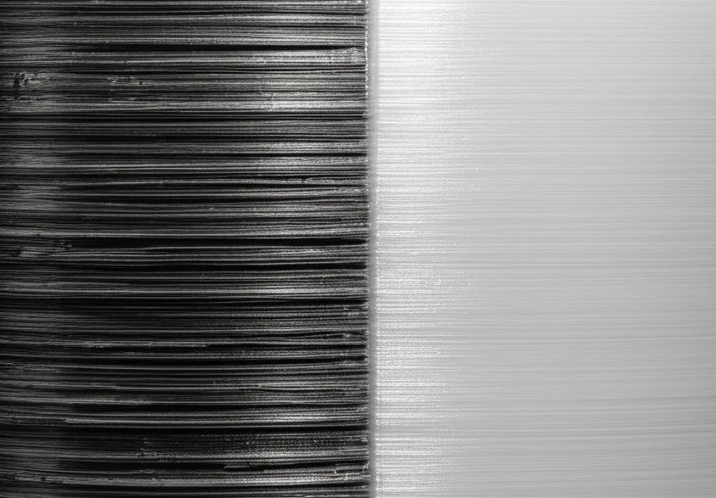 Close-up of a printed wall showing sharp layer lines on the left half and a smooth reflective surface on the right half