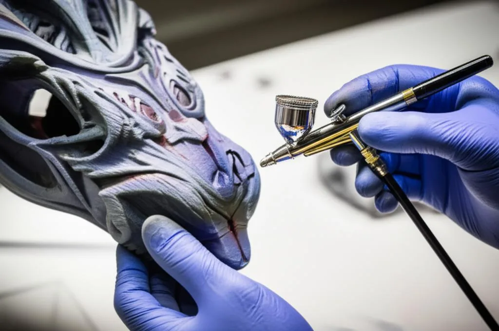 Gloved hands holding an airbrush close to a gray-blue sculpted creature head while spraying it