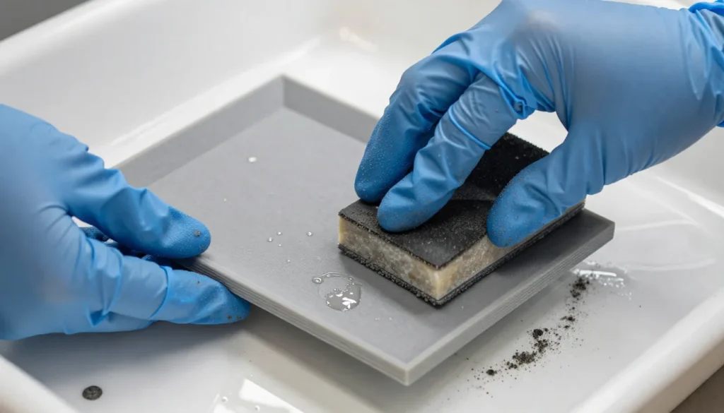 Hands in blue nitrile gloves wet-sanding a grey 3D printed plate with a sanding sponge over a water tray