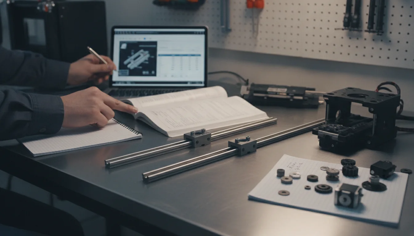 Two linear rails with carriages lying parallel on a workbench next to printer parts and an open technical catalogue