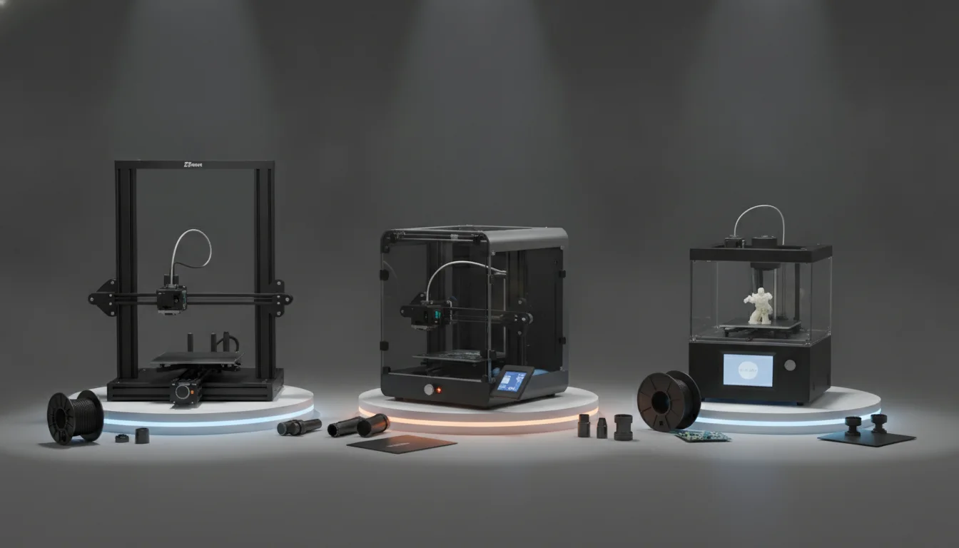 Rendered comparison of three printer styles: an open-frame printer, an enclosed printer and a compact boxed printer, each with a filament spool