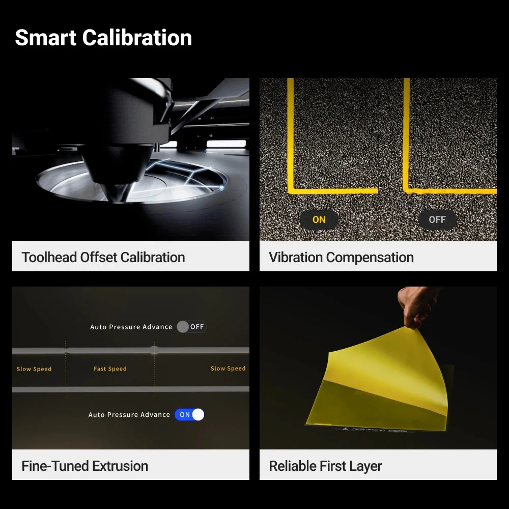 Snapmaker U1 smart calibration: toolhead offset calibration, vibration compensation, auto pressure advance, first layer