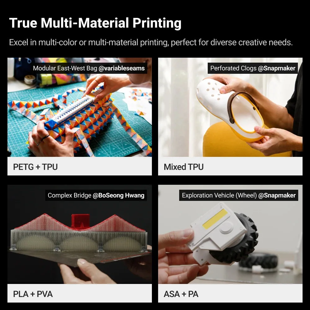 Snapmaker U1 multi-material printing examples: PETG with TPU, mixed TPU, PLA with PVA supports, ASA with PA